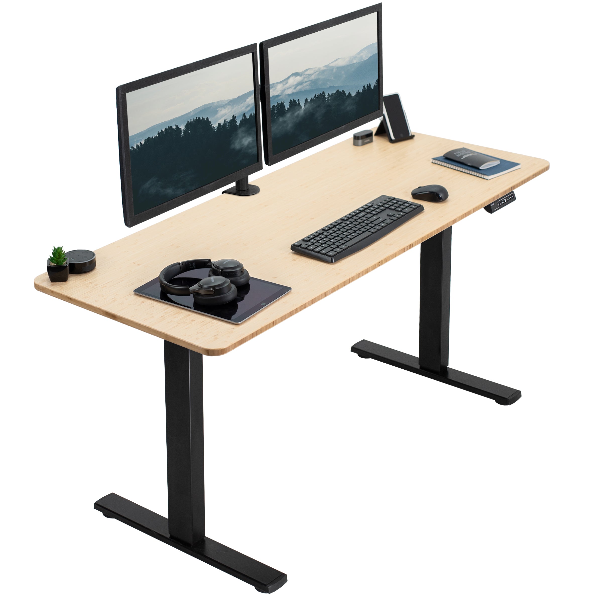 Sturdy real bamboo ergonomic sit or stand active desk workstation with adjustable height using smart control panel.