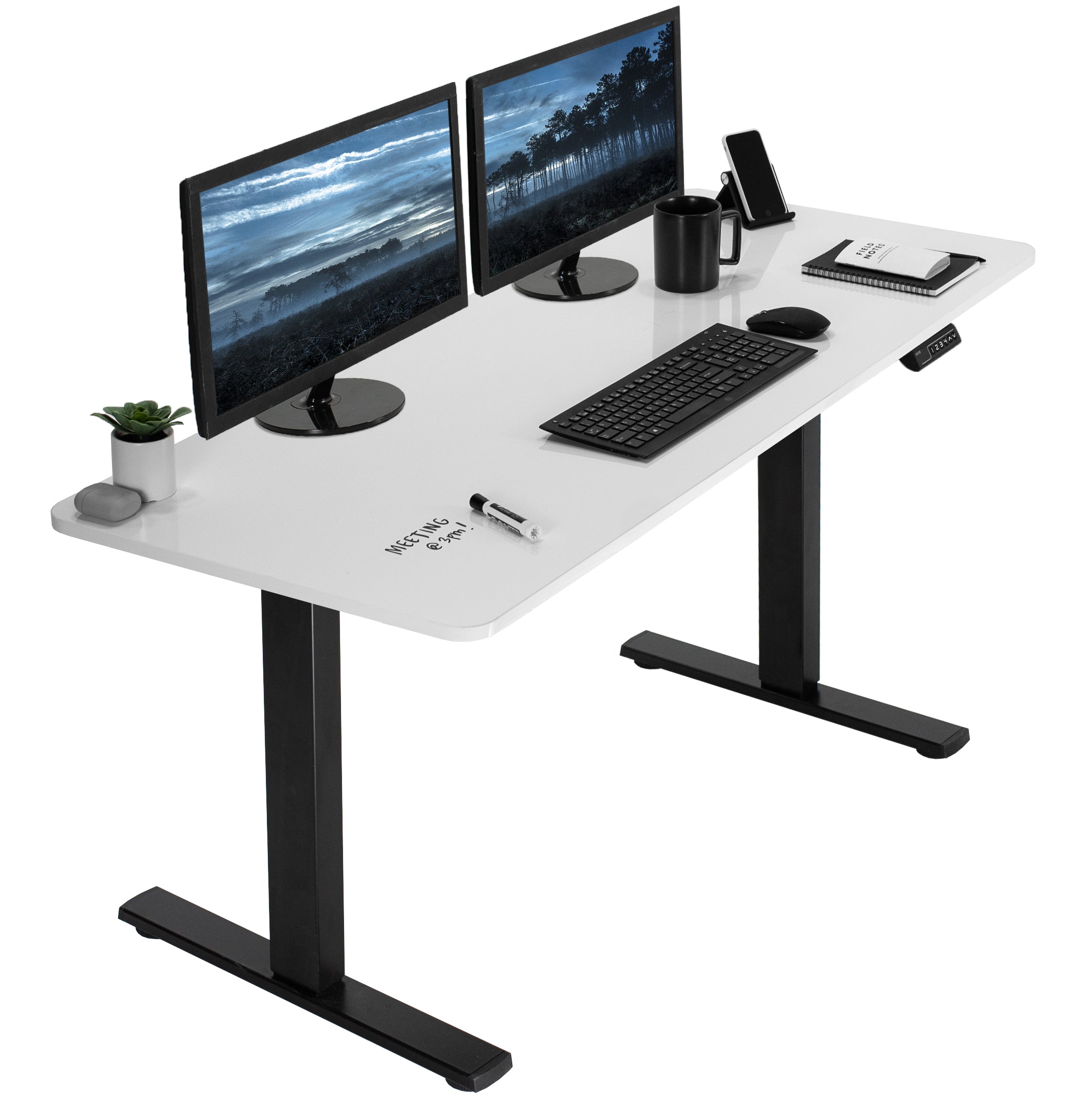 Sturdy ergonomic dry erase sit or stand active whiteboard desk workstation with adjustable height using smart control panel.