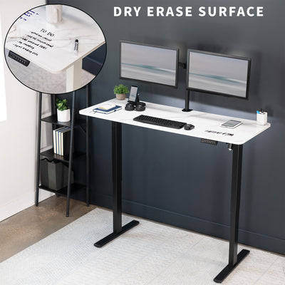 Sturdy ergonomic dry erase sit or stand active whiteboard desk workstation with adjustable height using smart control panel.