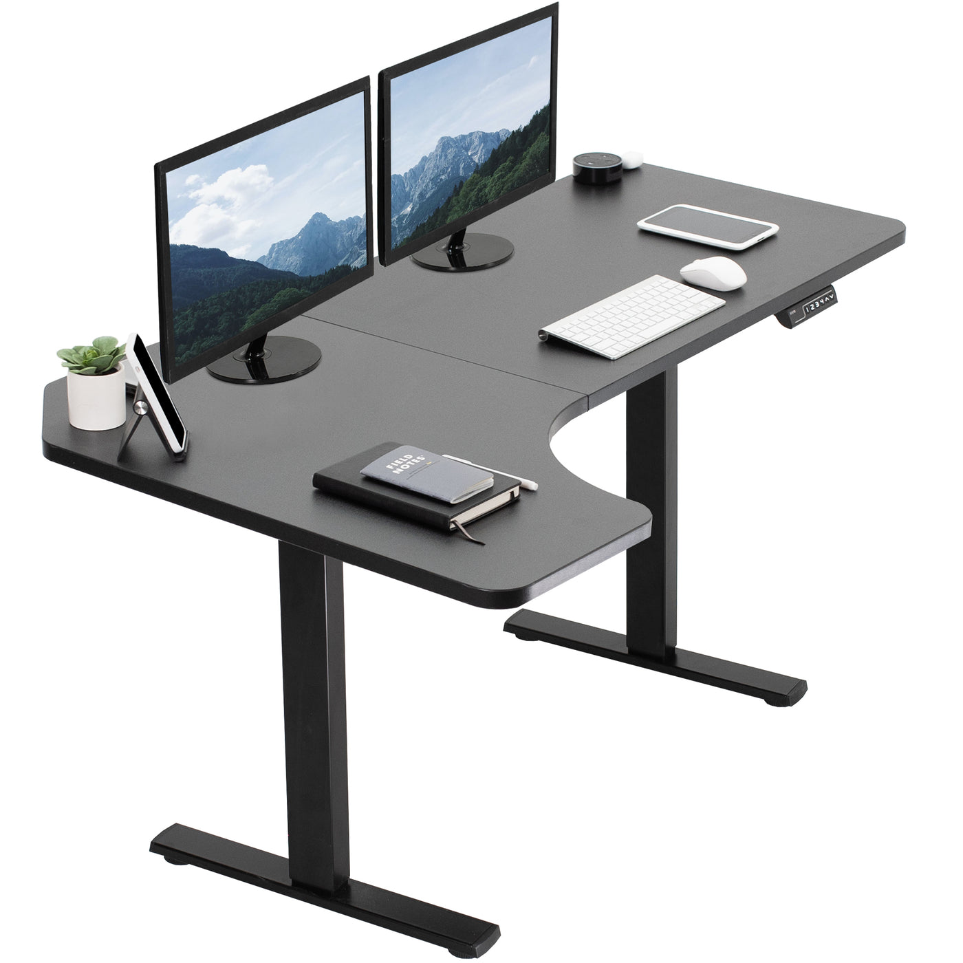 Slight side curved electric desk with room for office equipment.