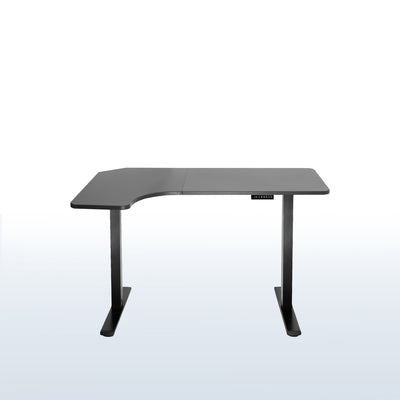 Slight side curved electric desk with room for office equipment.