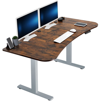 Rustic, vintage brown top grey frame, electric, sit to stand, height adjustable desk.