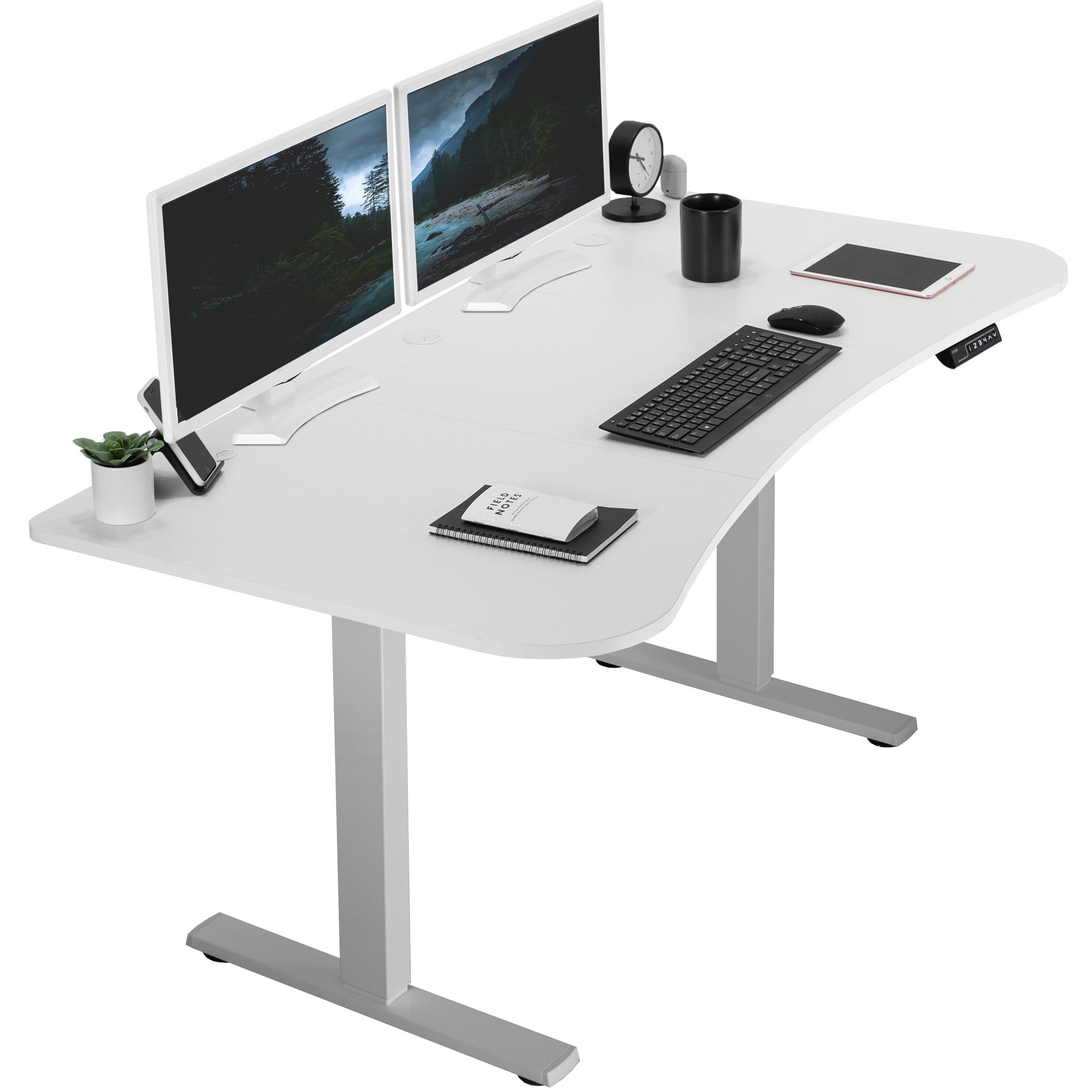 Sit to stand height adjustable electric desk with push button memory controller for ergonomic office workstation.