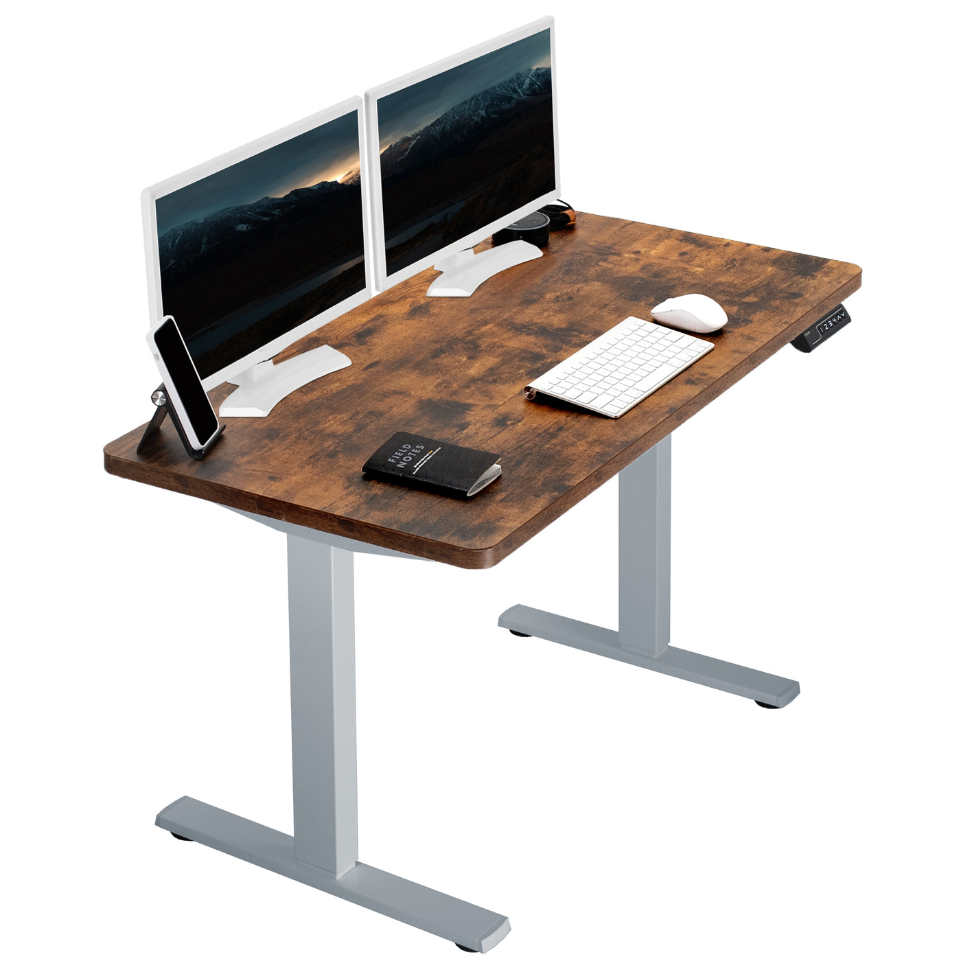 Rustic sturdy ergonomic sit or stand active desk workstation with adjustable height using smart control panel.