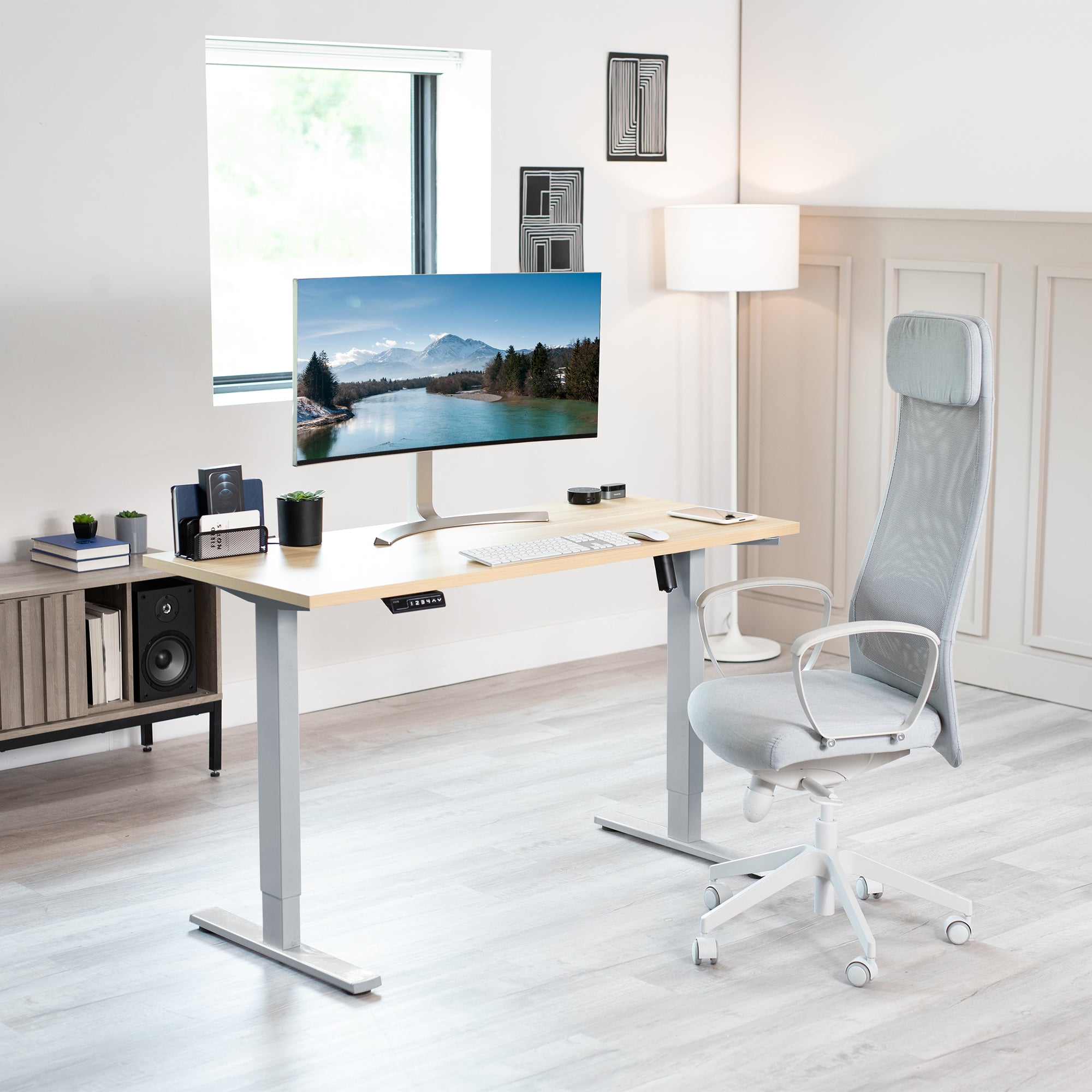 Electric Height Adjustable 55 x 24 inch Memory Stand Up Desk, Solid One-Piece Square Corner Table Top