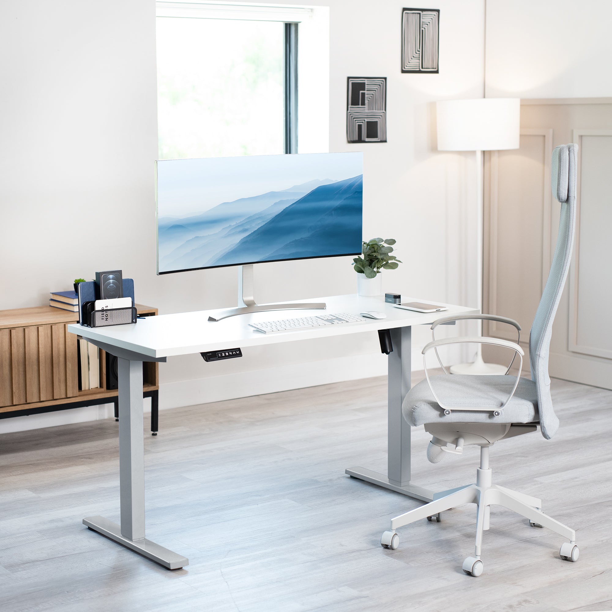 Electric Height Adjustable 55 x 24 inch Memory Stand Up Desk, Solid One-Piece Square Corner Table Top