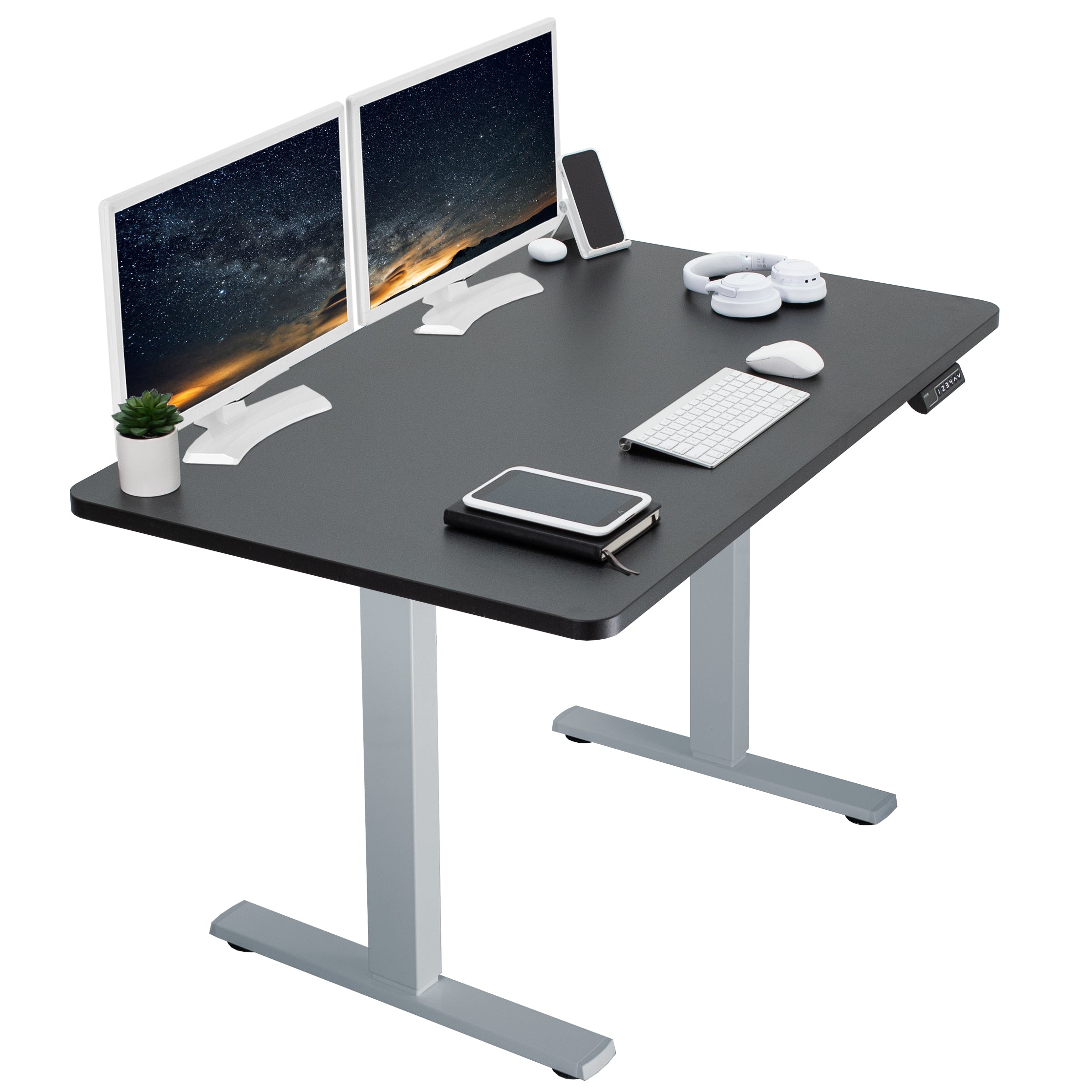 Sturdy ergonomic sit or stand active desk workstation with adjustable height using smart control panel.