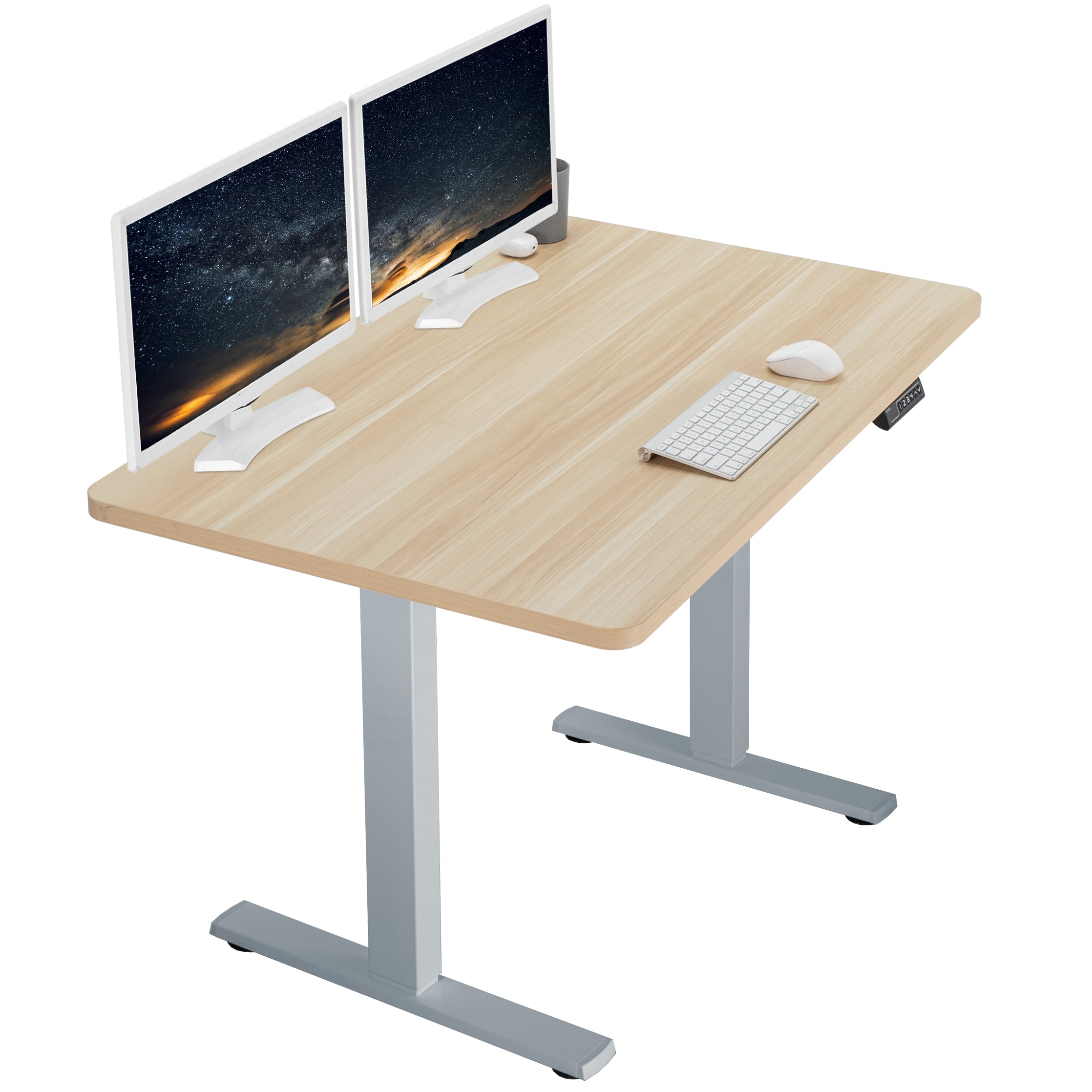 Sturdy ergonomic sit or stand active desk workstation with adjustable height using smart control panel.