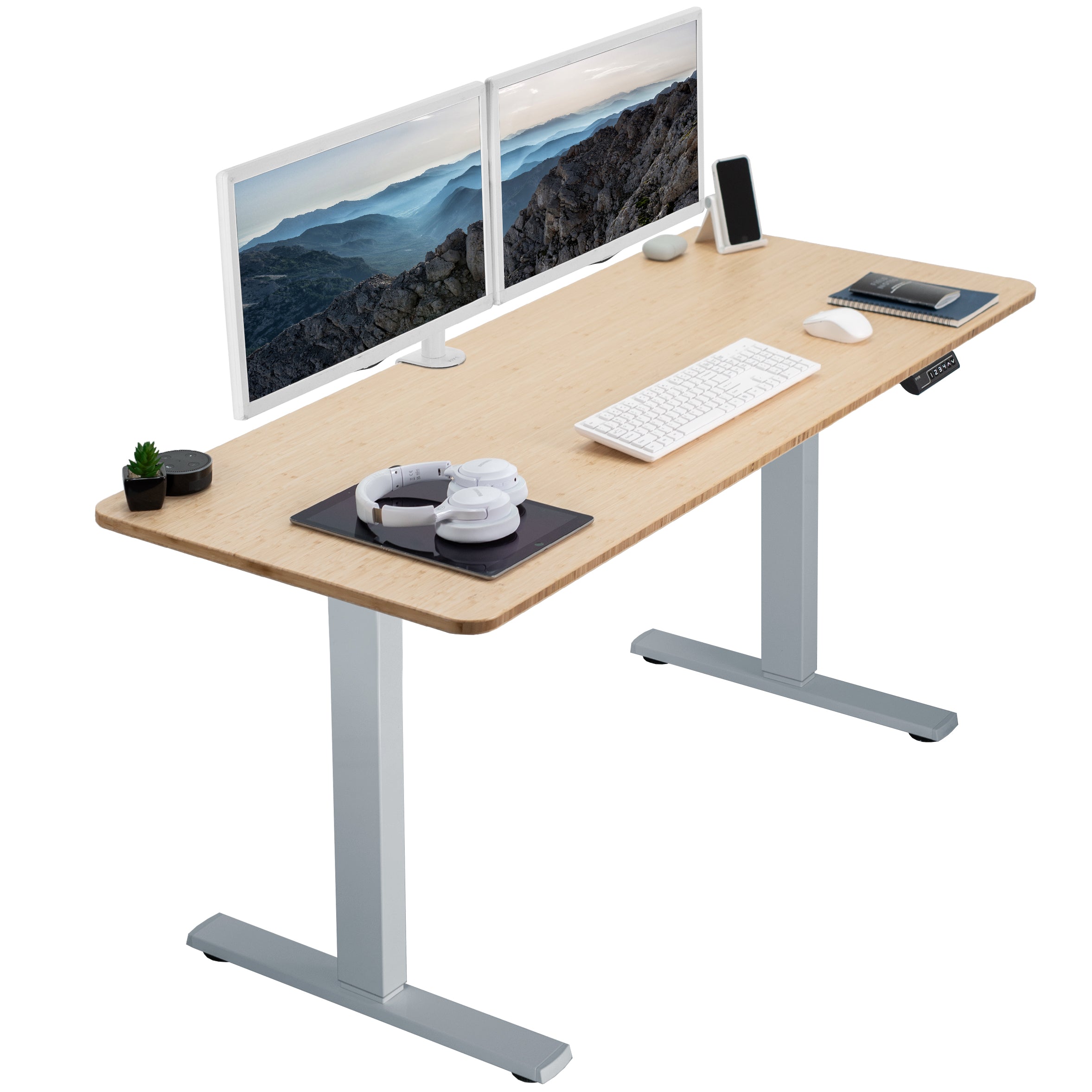 Sturdy real bamboo ergonomic sit or stand active desk workstation with adjustable height using smart control panel.