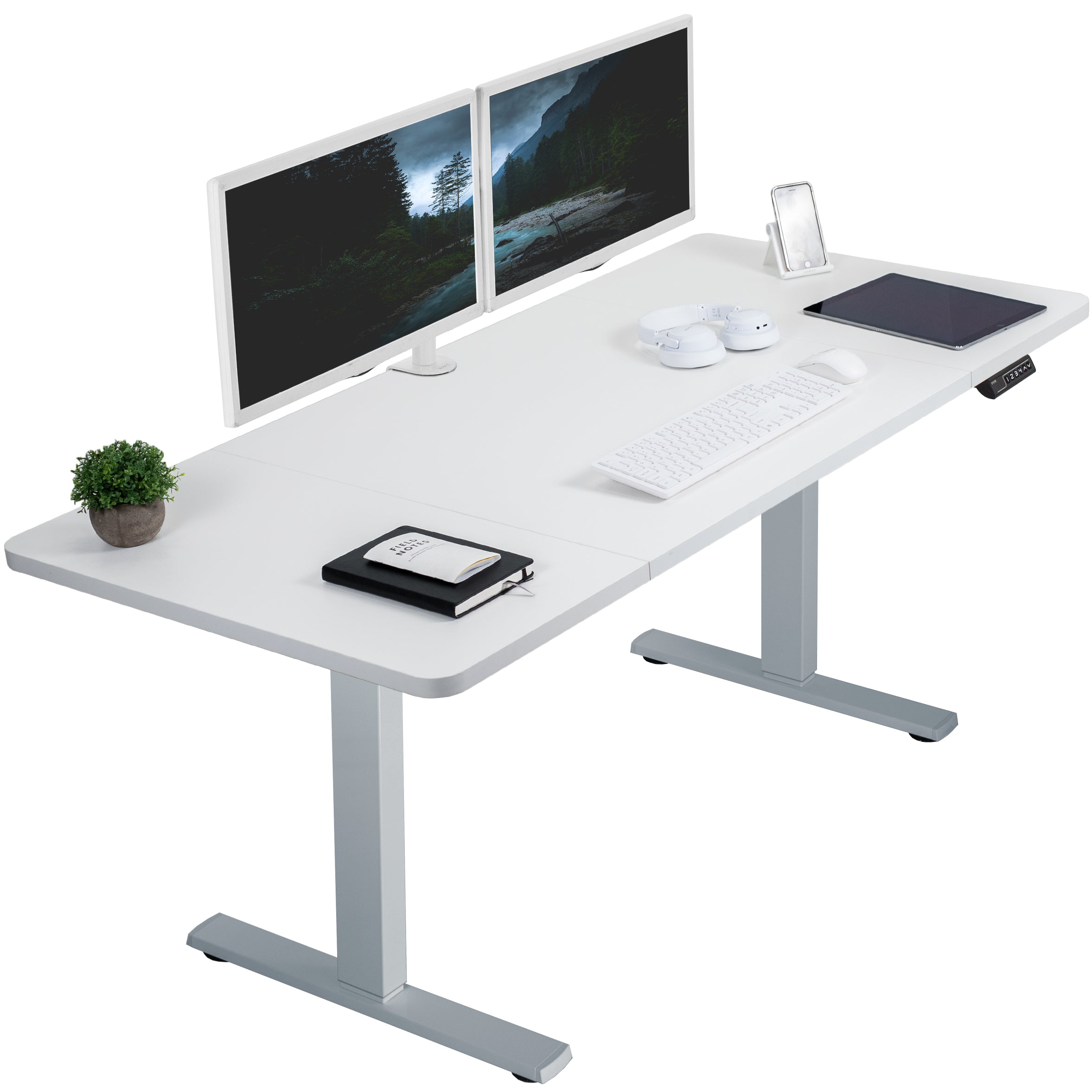 Sturdy ergonomic sit or stand active desk workstation with adjustable height using smart control panel.