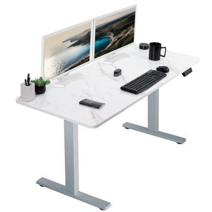 Sturdy ergonomic white marble dry erase sit or stand active whiteboard desk workstation with adjustable height using smart control panel.