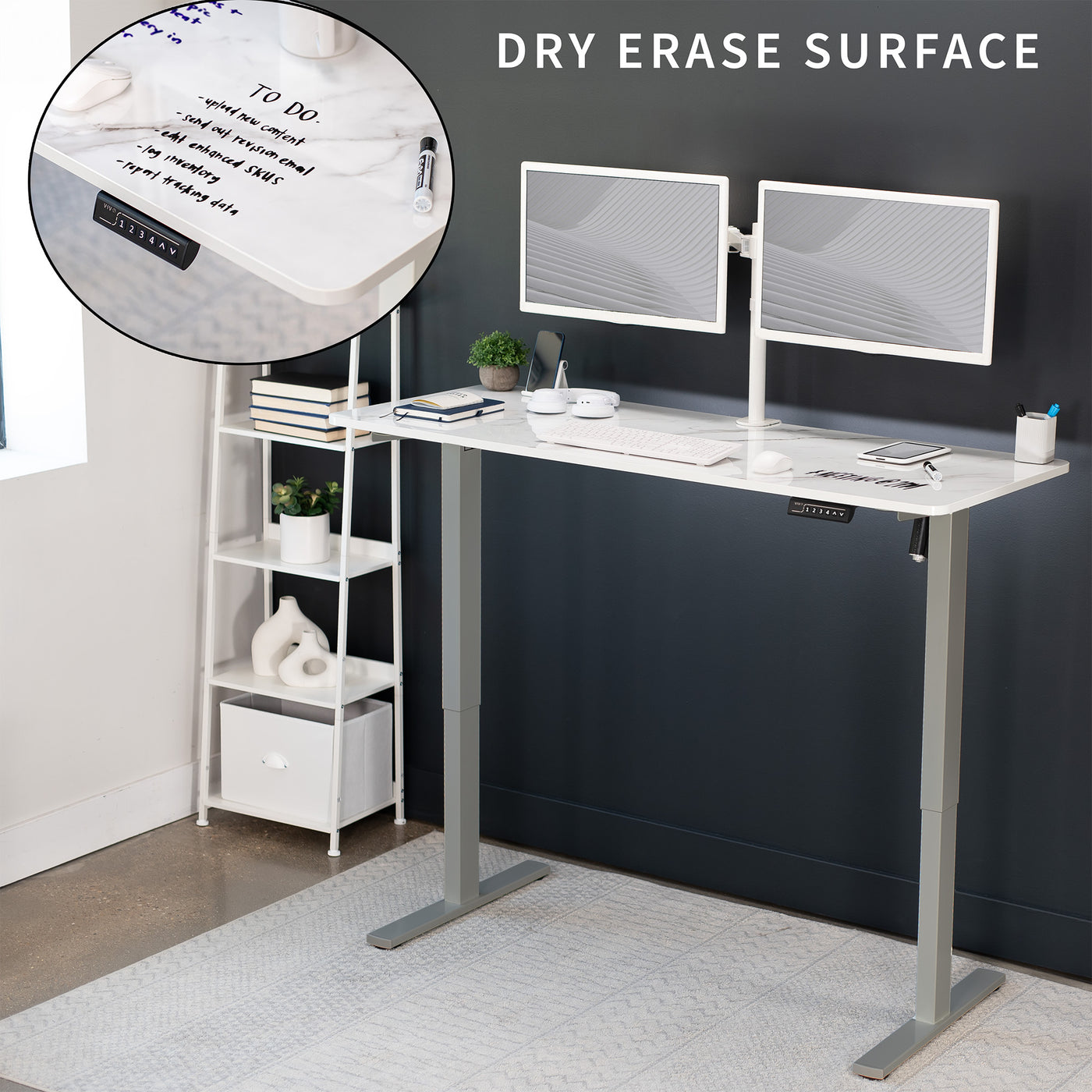 Sturdy ergonomic dry erase sit or stand active whiteboard desk workstation with adjustable height using smart control panel.