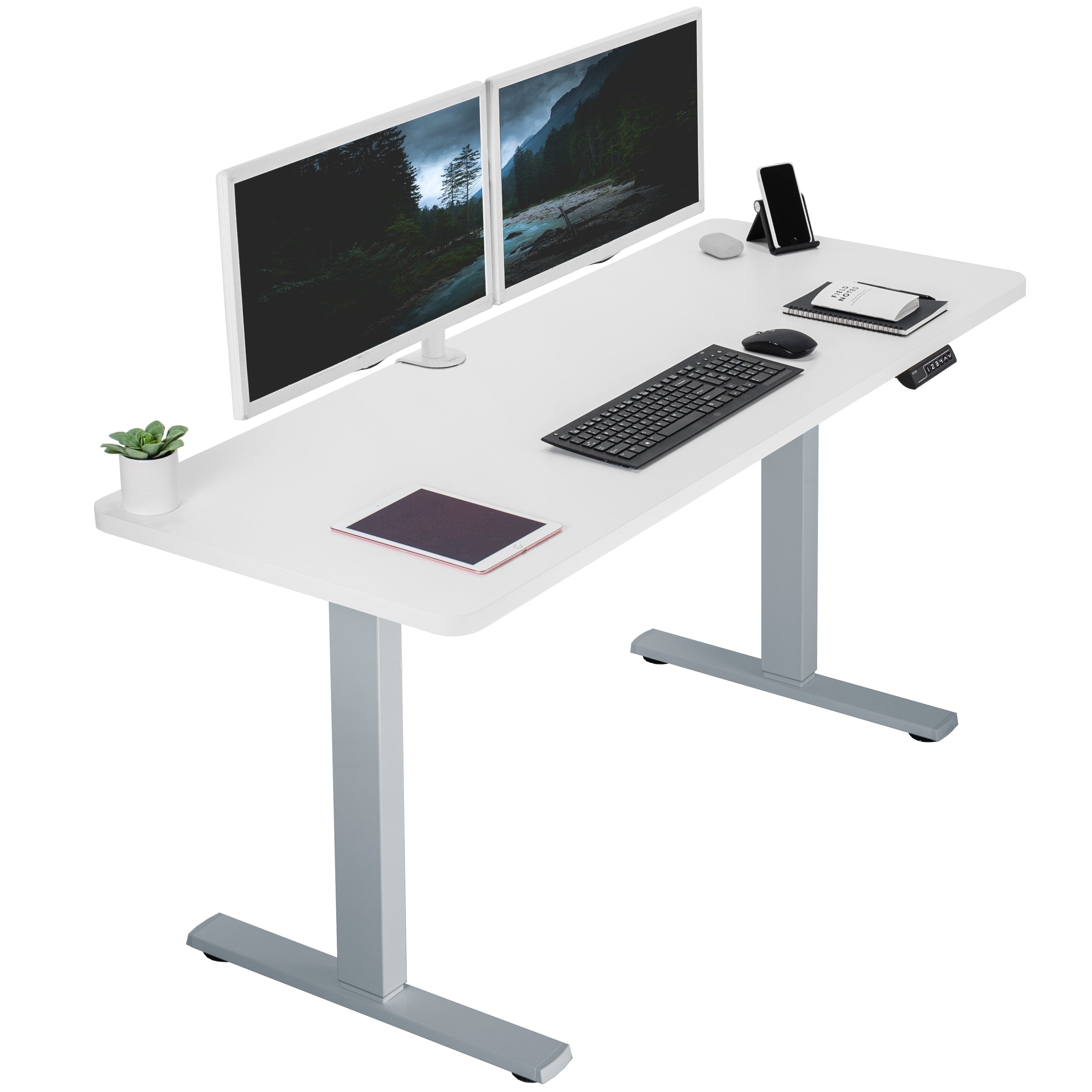 Sturdy ergonomic sit or stand active desk workstation with adjustable height using smart control panel.