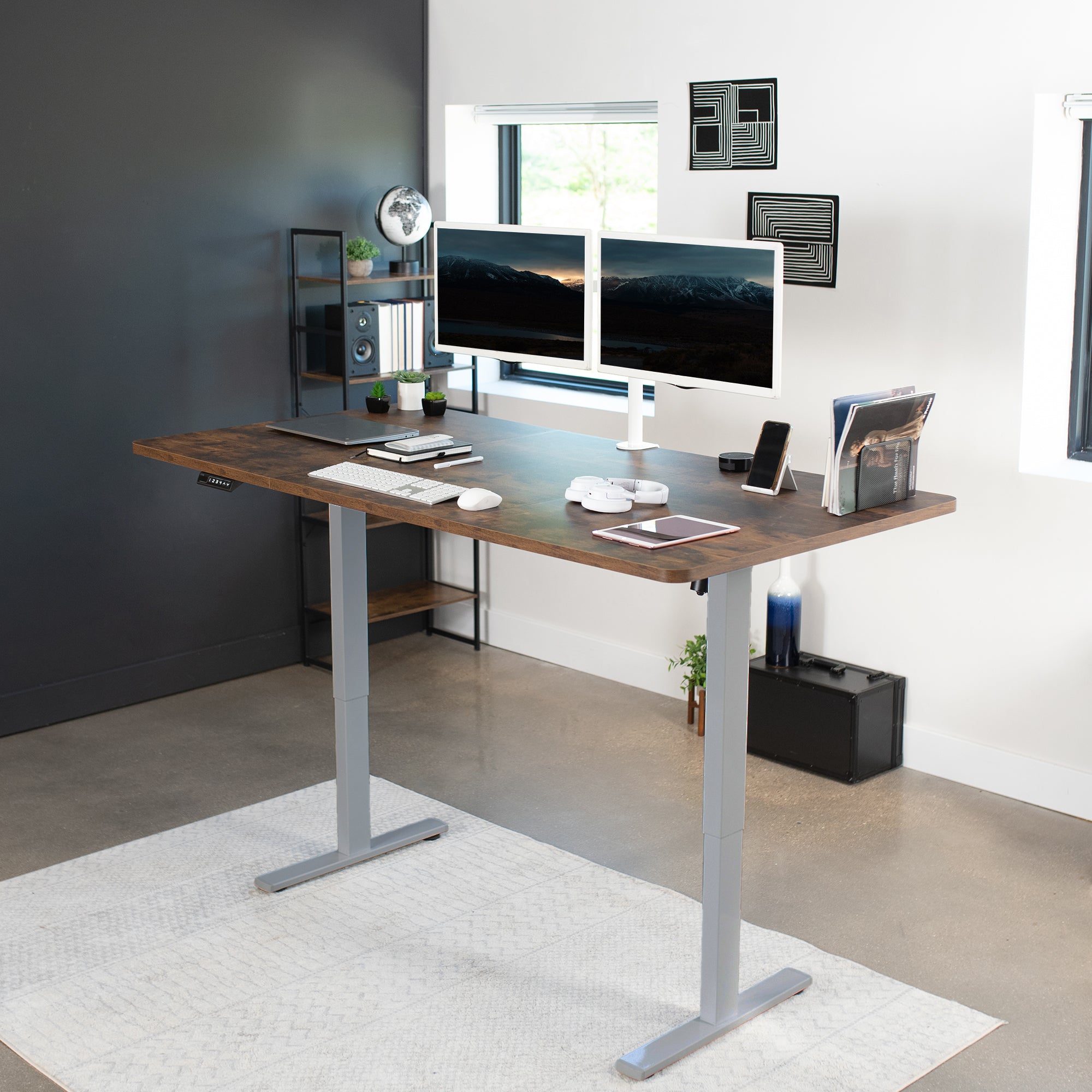 Large, rustic, sturdy sit or stand active workstation with adjustable height using smart control panel.