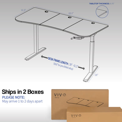 Desk dimensions. Desk parts ship in two separate boxes and may arrive on separate days.