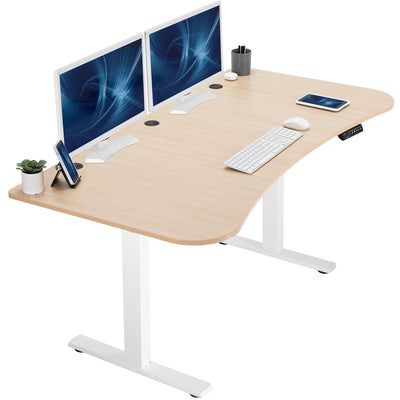 Light wood top white frame, electric, sit to stand, height adjustable desk.