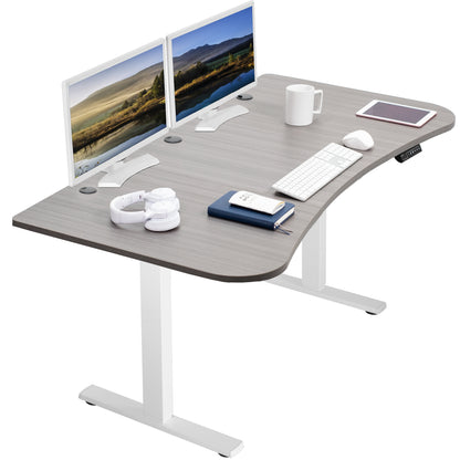 Sit to stand height adjustable electric desk with push button memory controller for ergonomic office workstation.