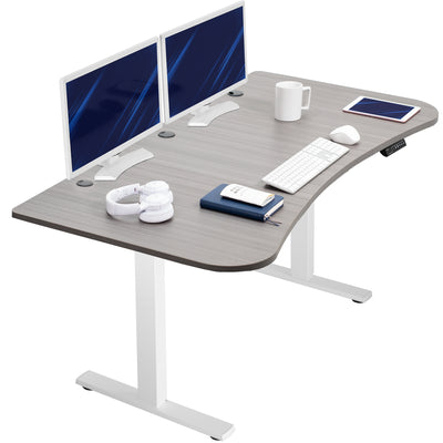 Dark grey top white frame, electric, sit to stand, height adjustable desk.