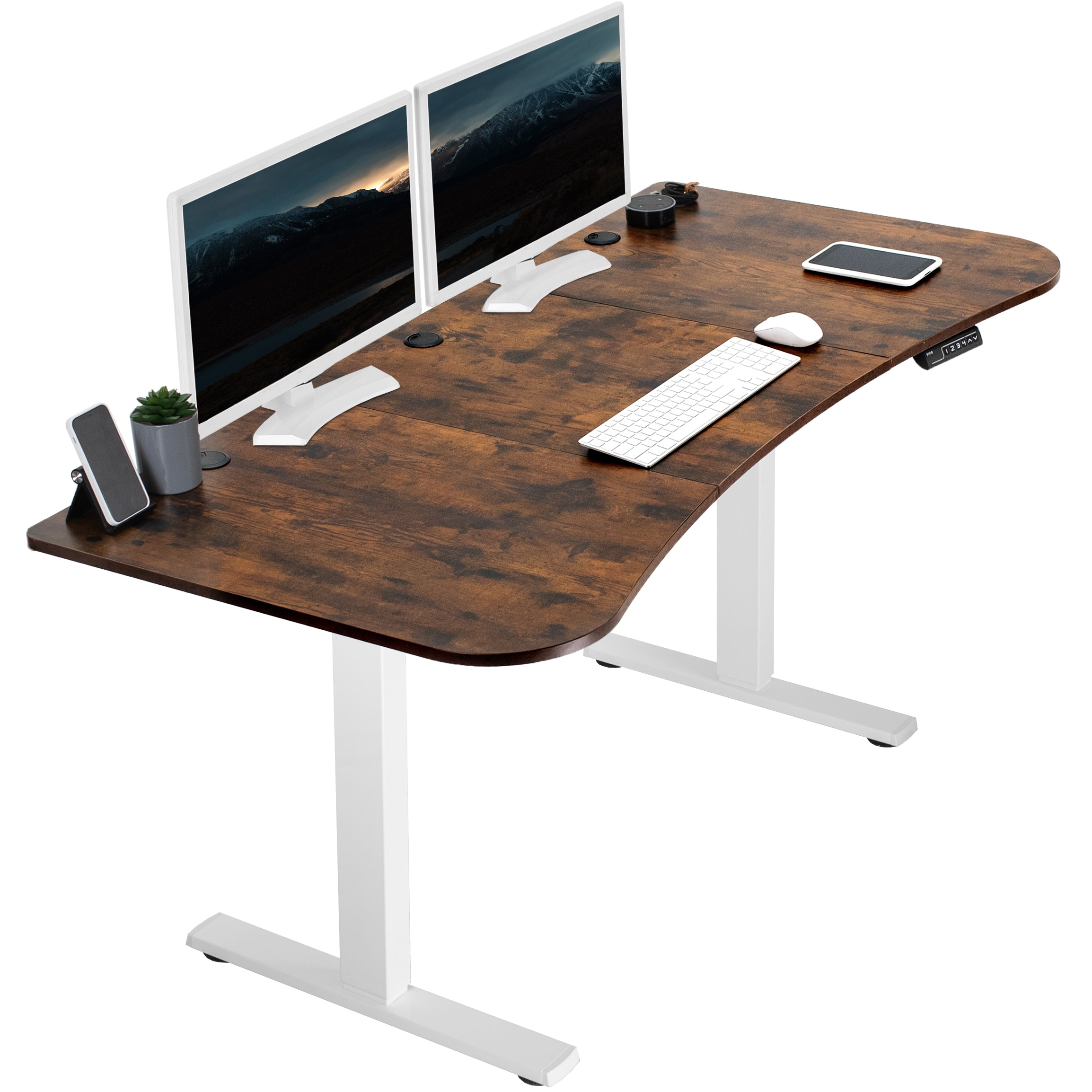 Rustic sit to stand height adjustable electric desk with push button memory controller for ergonomic office workstation.