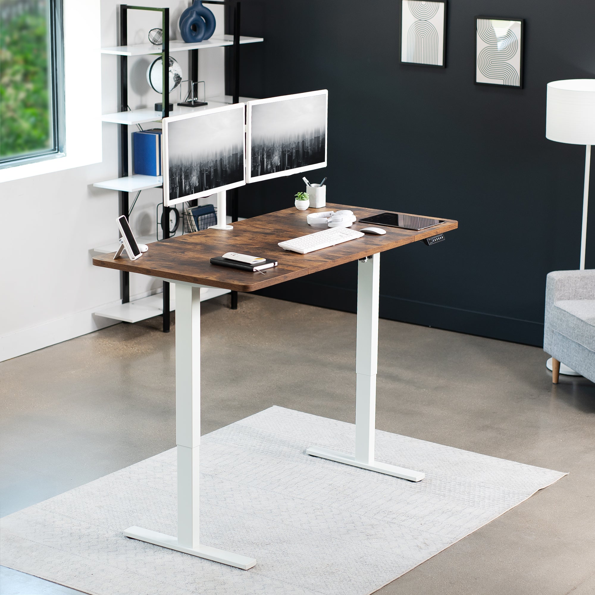 Rustic sturdy ergonomic sit or stand active desk workstation with adjustable height using smart control panel.