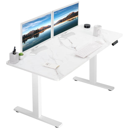 Sturdy ergonomic white marble dry erase sit or stand active whiteboard desk workstation with adjustable height using smart control panel.