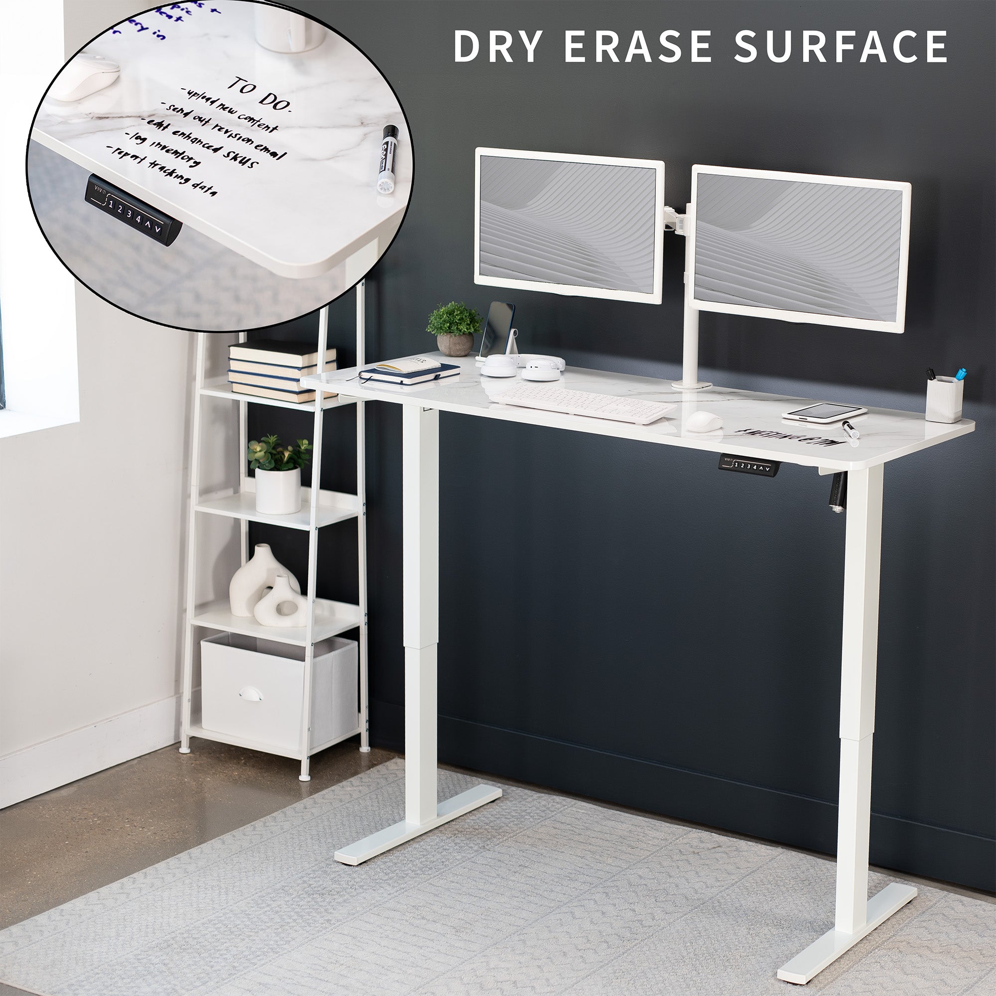 Sturdy ergonomic white marble dry erase sit or stand active whiteboard desk workstation with adjustable height using smart control panel.