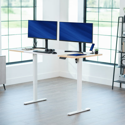 Large sturdy sit or stand modern desk with electric height adjustment options.