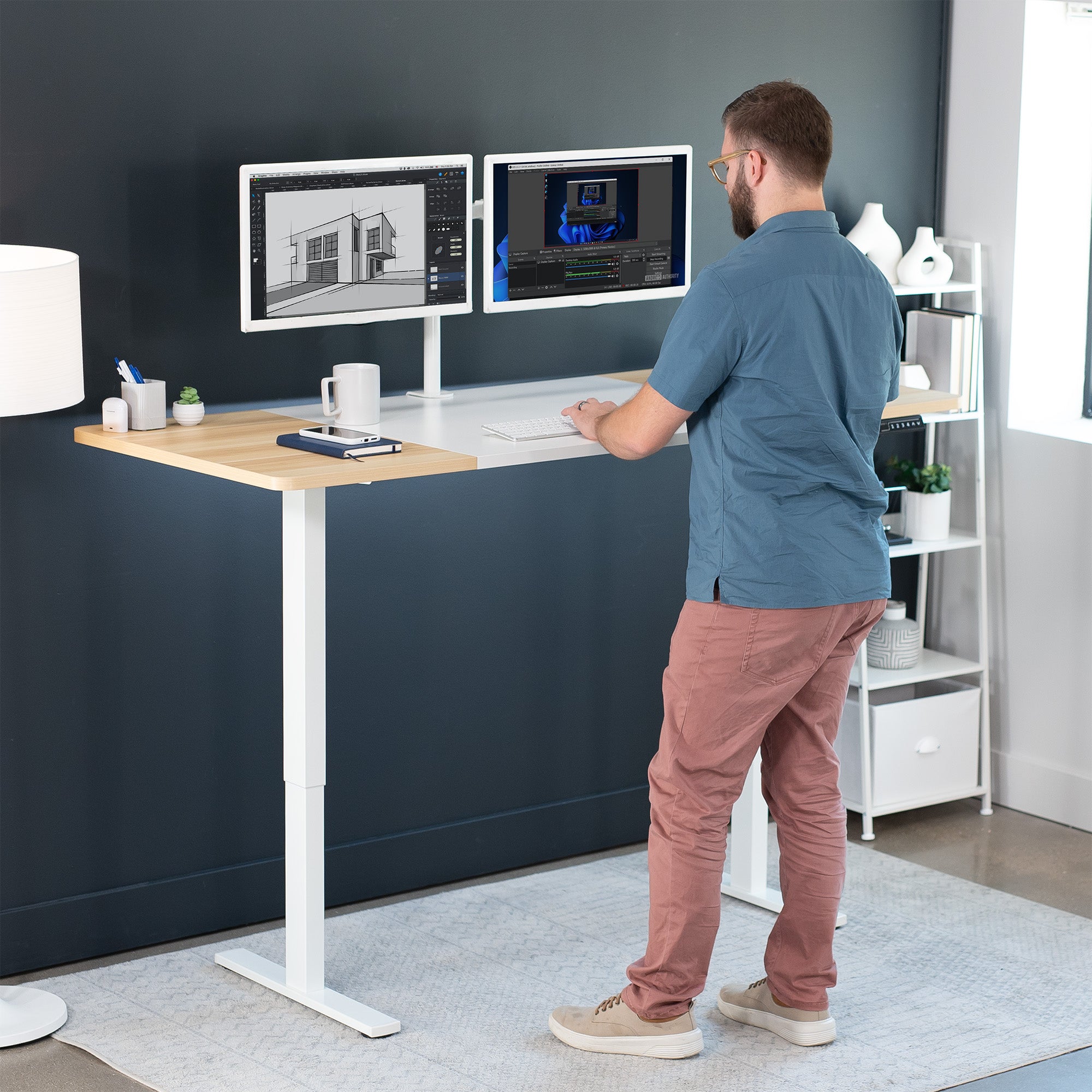 Large sturdy sit or stand active workstation with adjustable height using smart control panel.