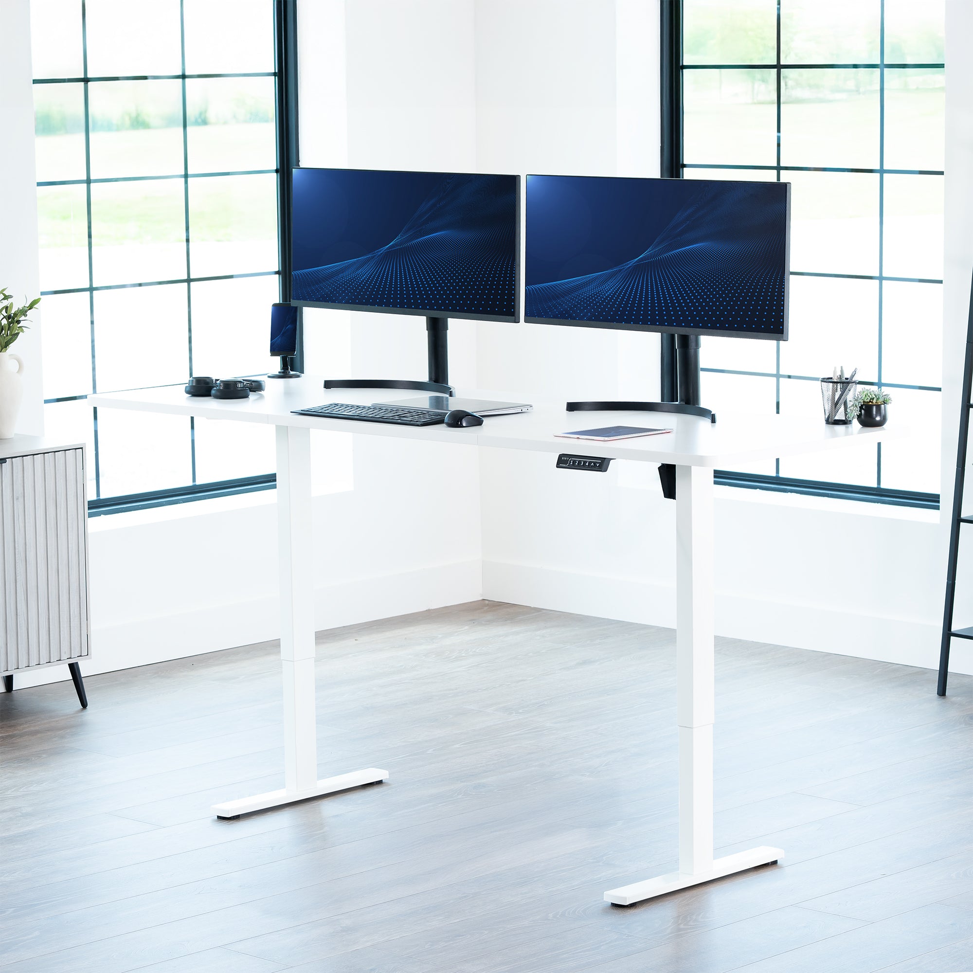 Extra large sturdy sit or stand active workstation with adjustable height using smart control panel.