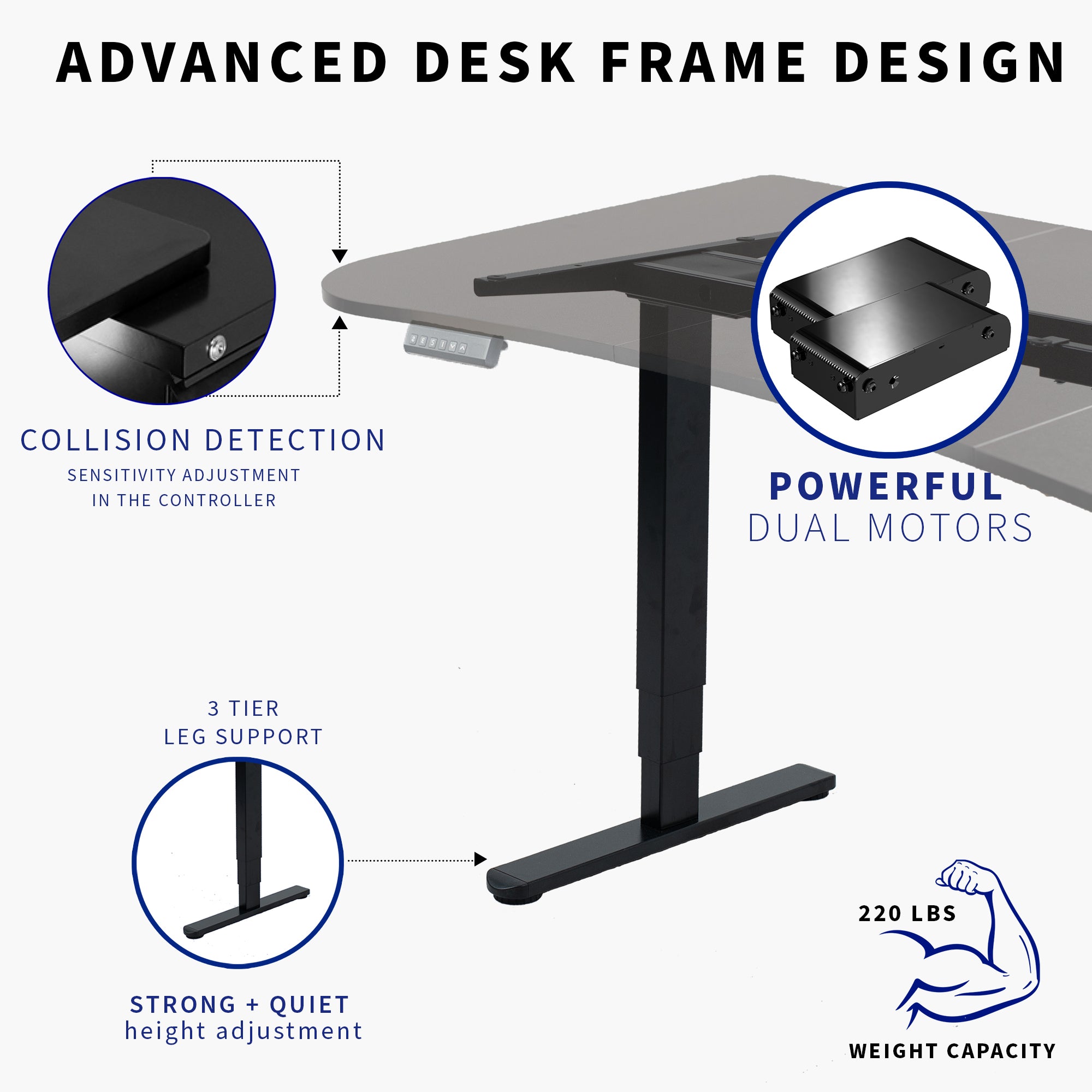 Large standing desk featuring smooth height adjustment, powerful dual motors, and a simple push-button controller featuring memory presets.