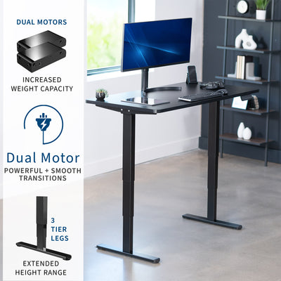 Electric adjustable desk with dual motors and features listed on the left.