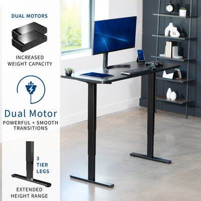 Black adjustable desk with dual motor system in a home office setting