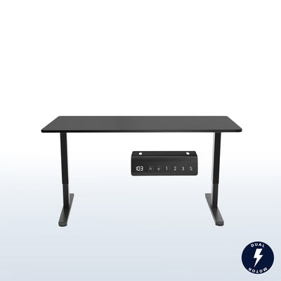 Black adjustable desk with two monitors, keyboard, and mouse on a white background