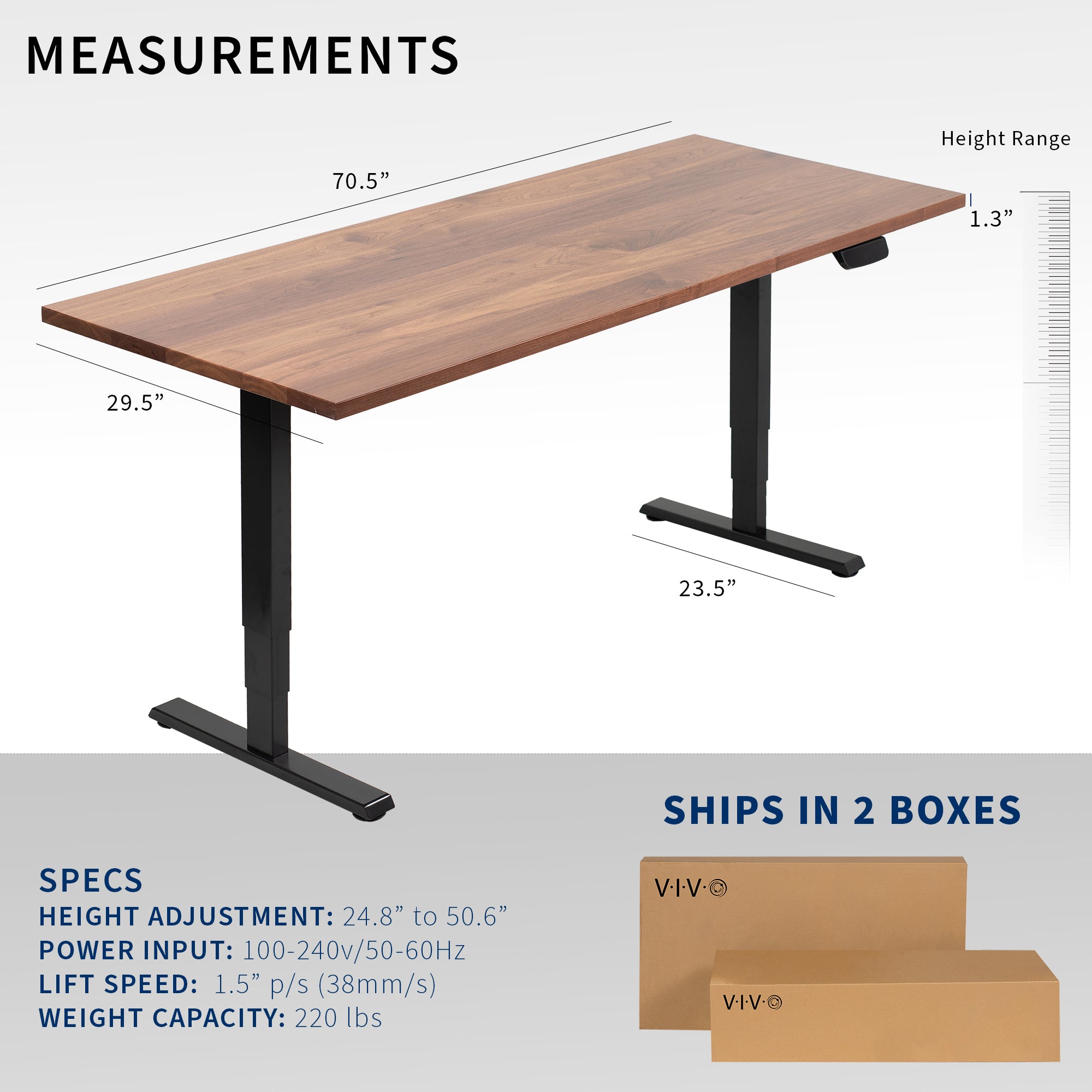 Solid walnut top spacious height adjustable electric desk with smart control panel. Ships in 2 boxes that may arrive in separate days.