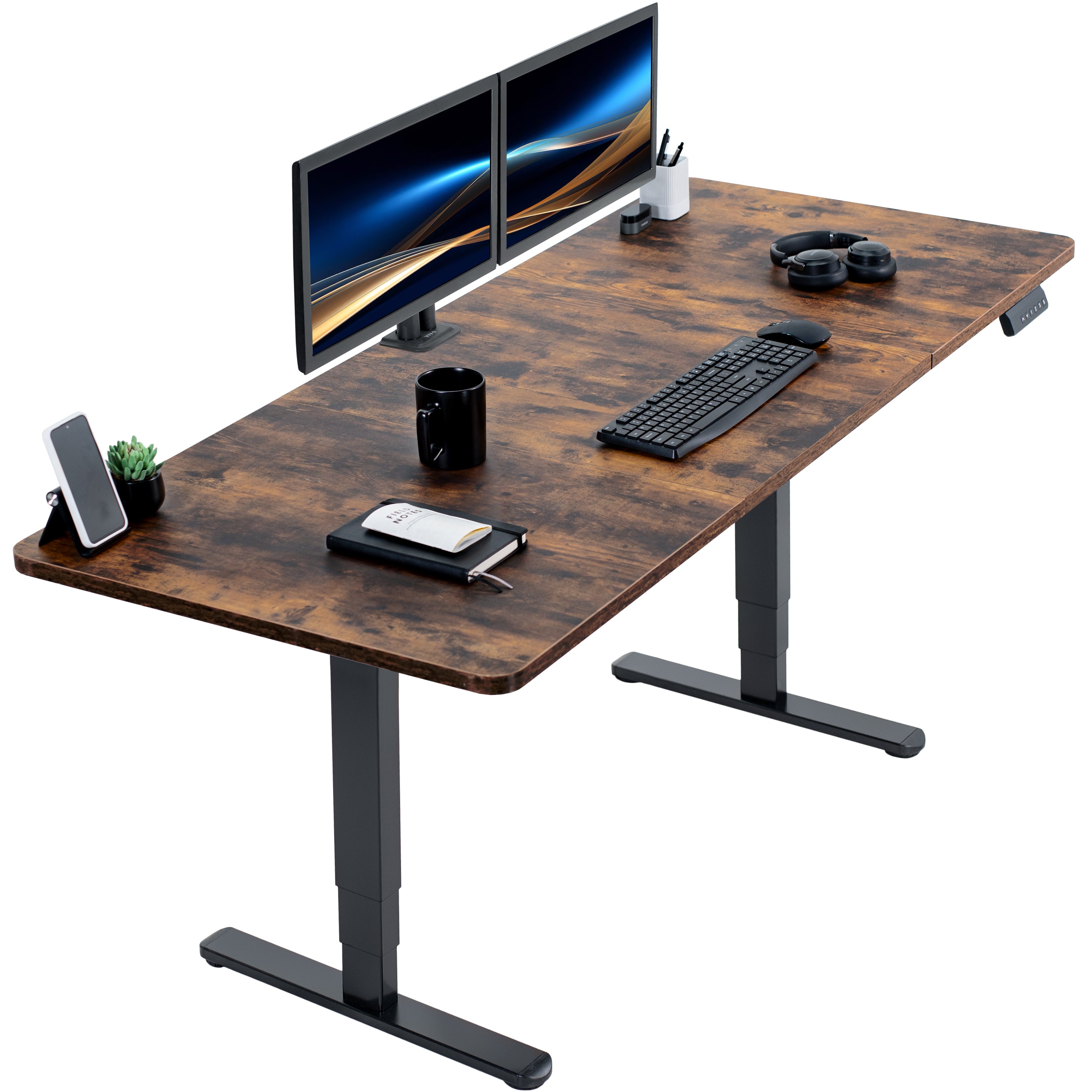 Rustic large sturdy sit or stand active workstation with adjustable height using memory control panel.