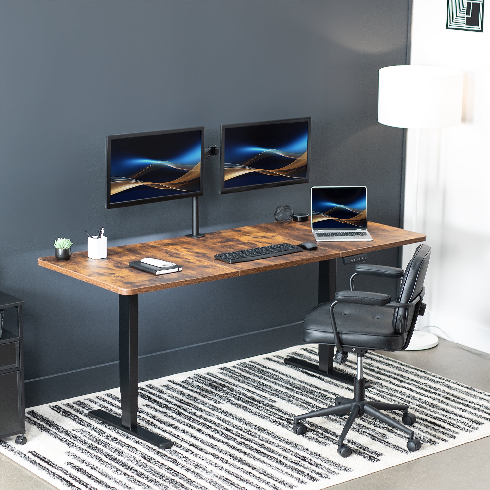 Rustic large sturdy sit or stand active workstation with adjustable height using memory control panel.