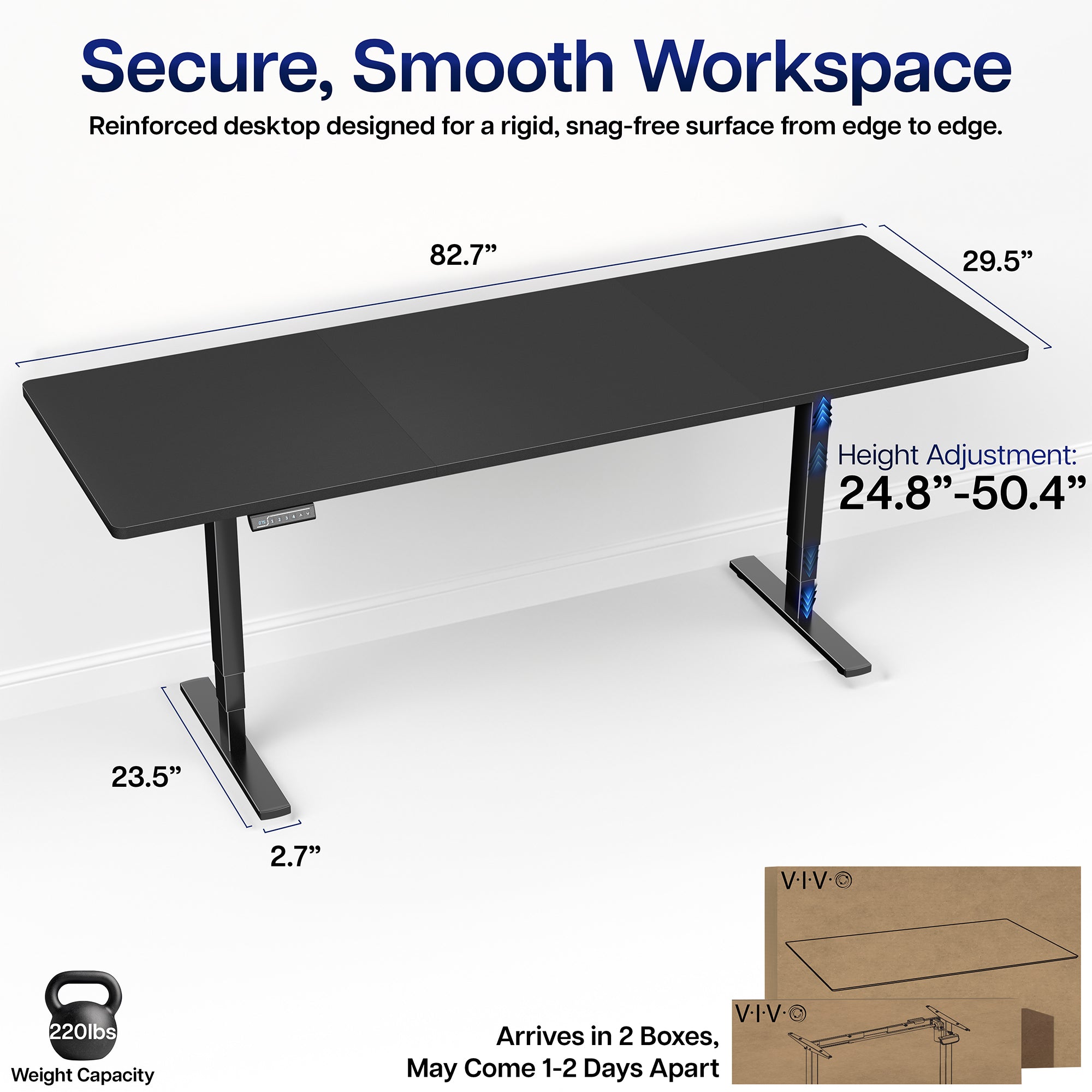 Measurement diagram for the 2E Series - 83" x 30" Electric Desk with Touch Screen Memory Controller