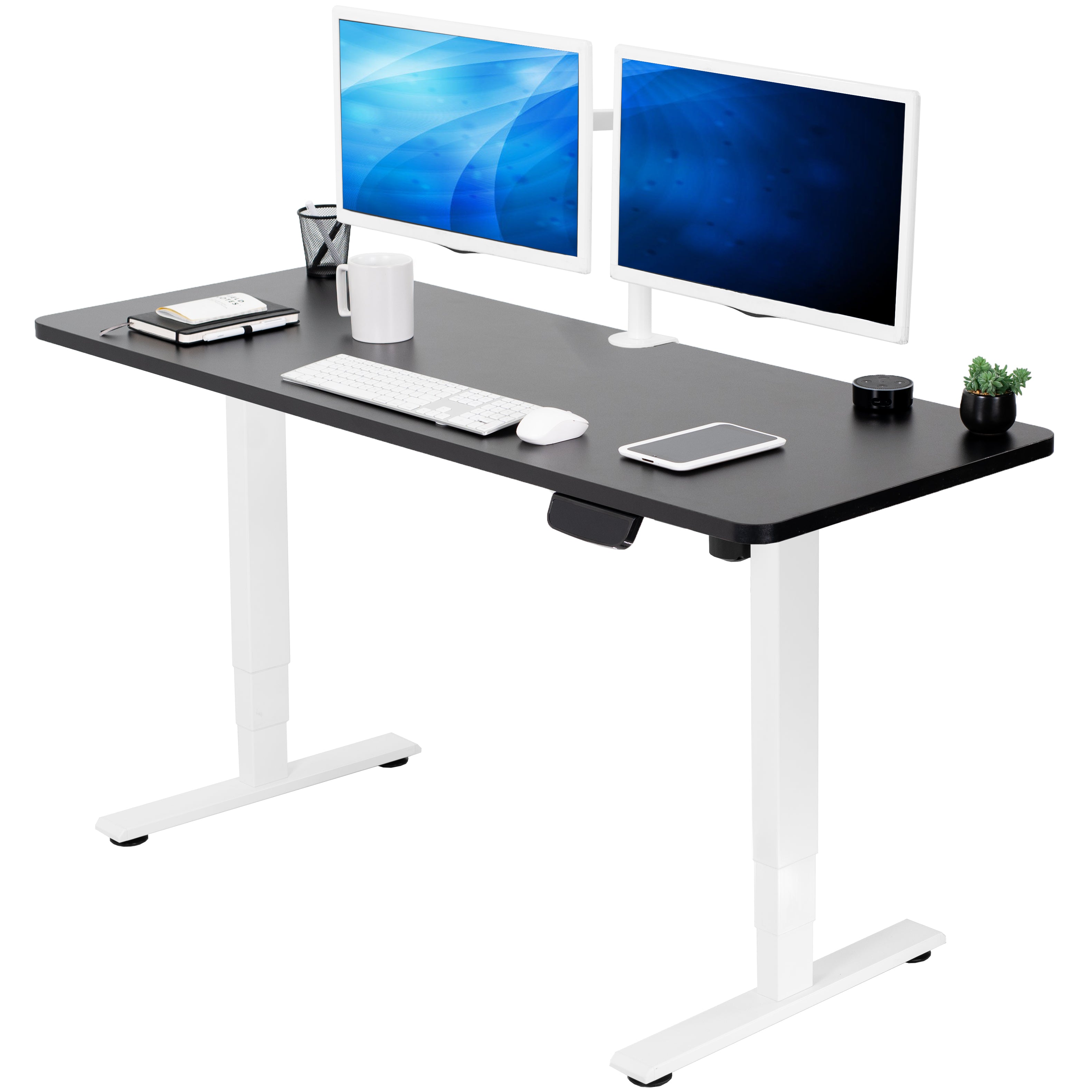 Heavy-duty electric height adjustable desktop workstation for active sit or stand efficient workspace.