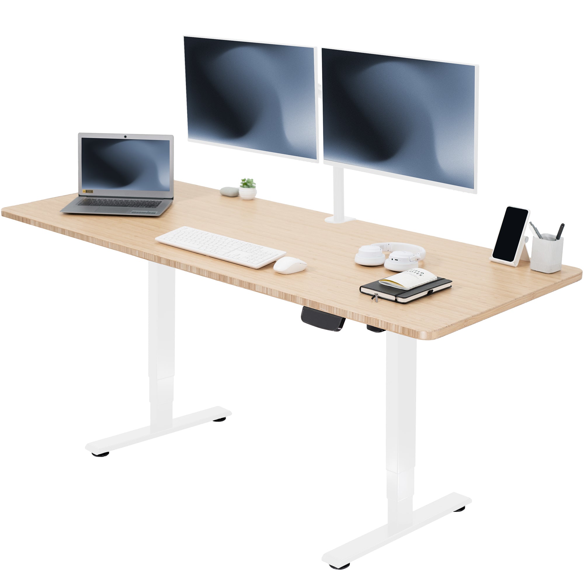 Heavy-duty electric height adjustable desktop workstation for active sit or stand efficient workspace.