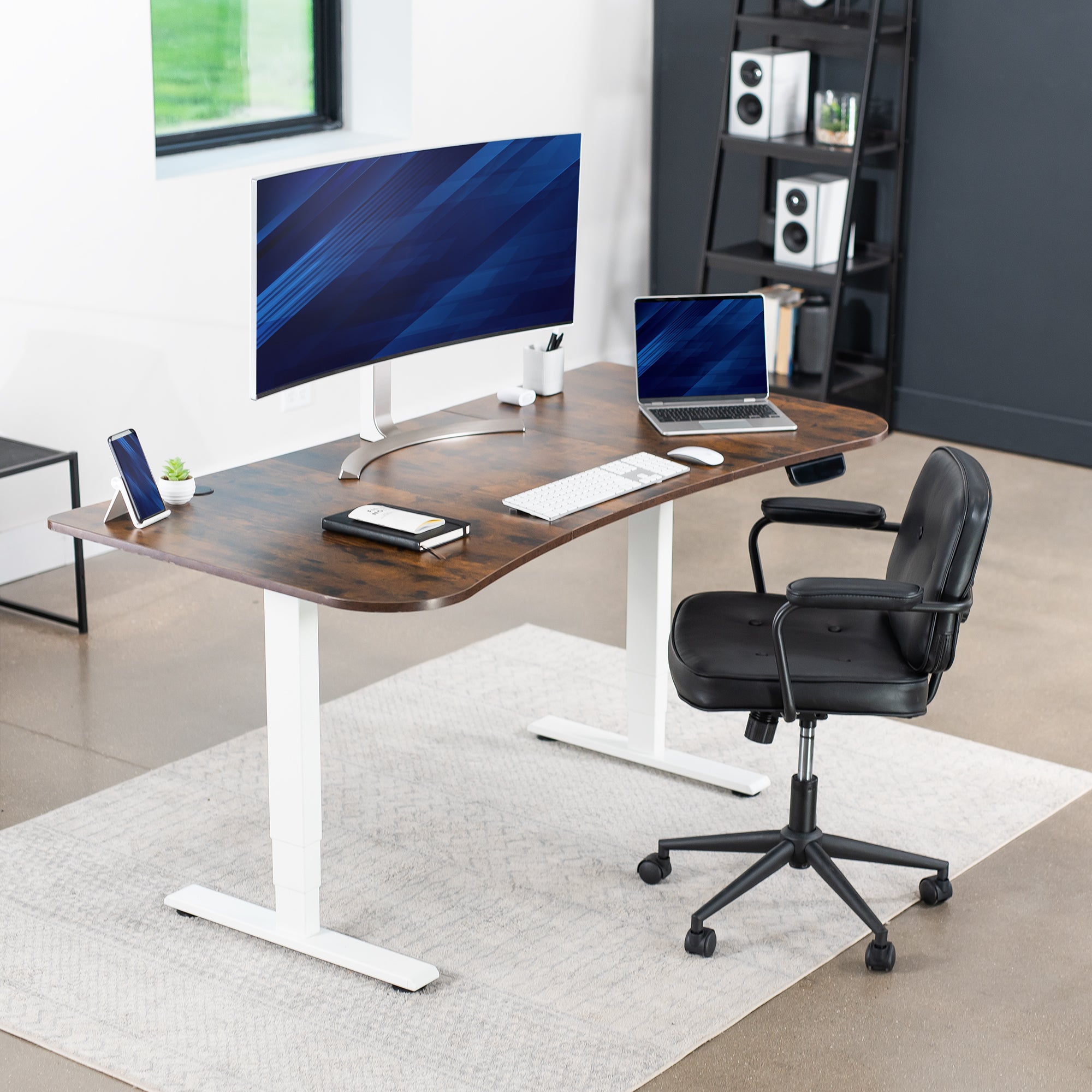 Ergonomic sit or stand active workstation with adjustable height using touch screen control panel.