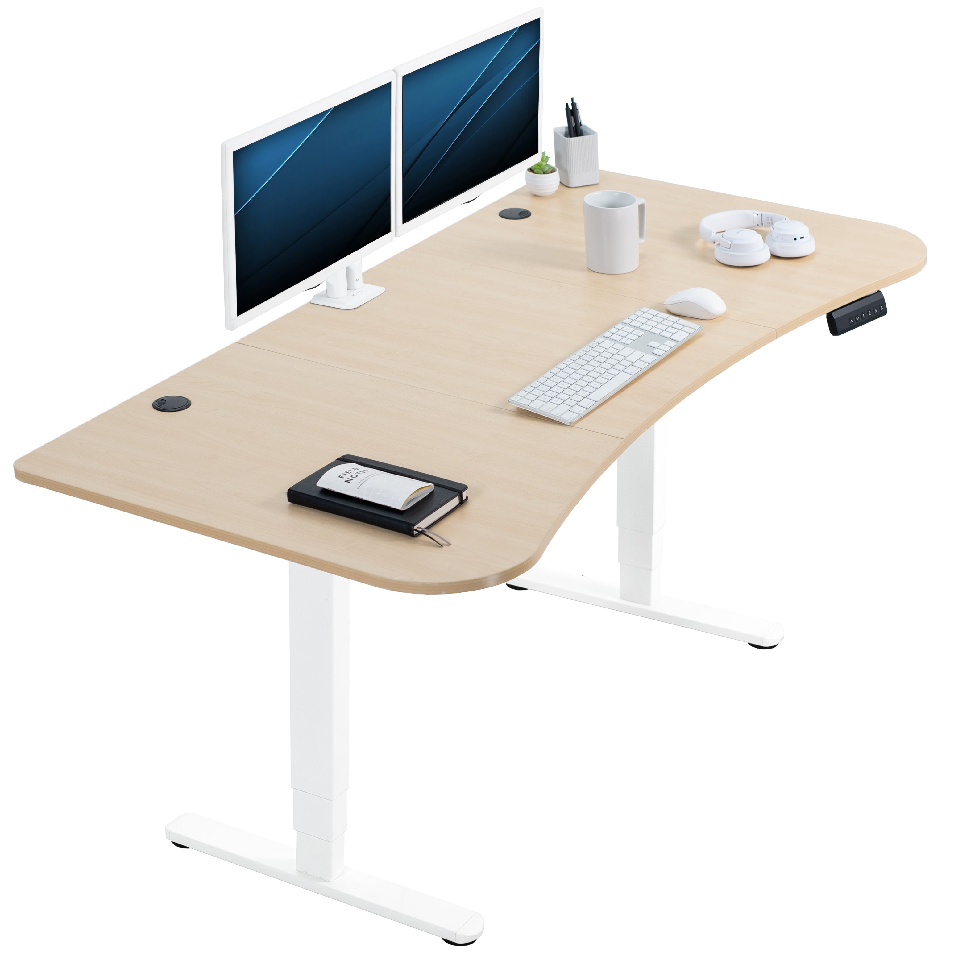 Large standing desk featuring smooth height adjustment, powerful dual motors, and a simple push-button controller featuring memory presets.