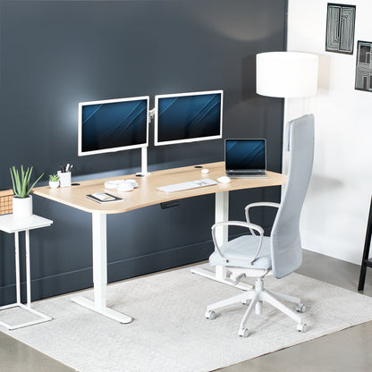 Large standing desk featuring smooth height adjustment, powerful dual motors, and a simple push-button controller featuring memory presets.