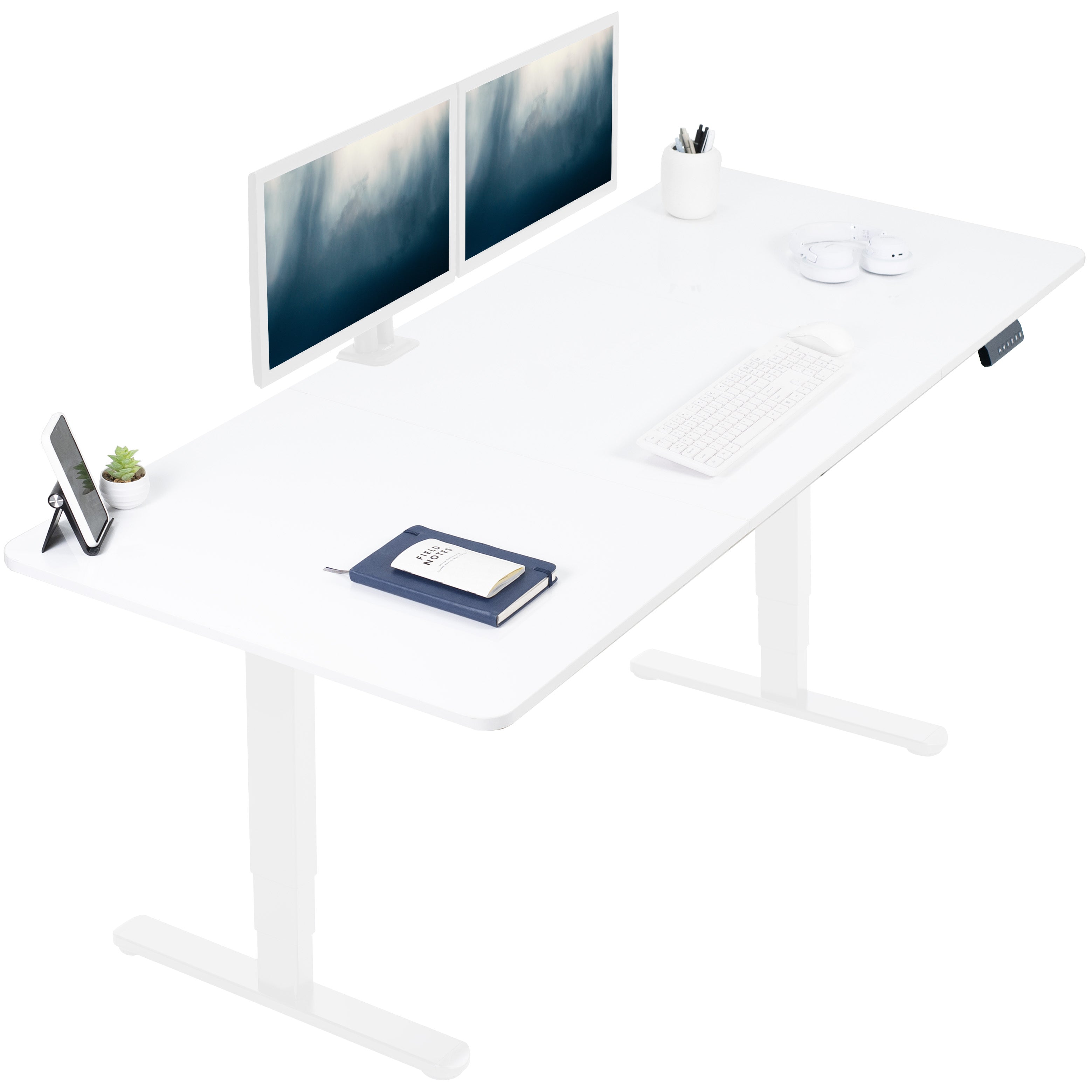 Large sturdy dry erase whiteboard top sit or stand active workstation with adjustable height using a memory control panel.