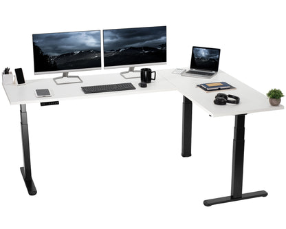 Large electric heavy-duty corner desk workstation for modern office workspaces.