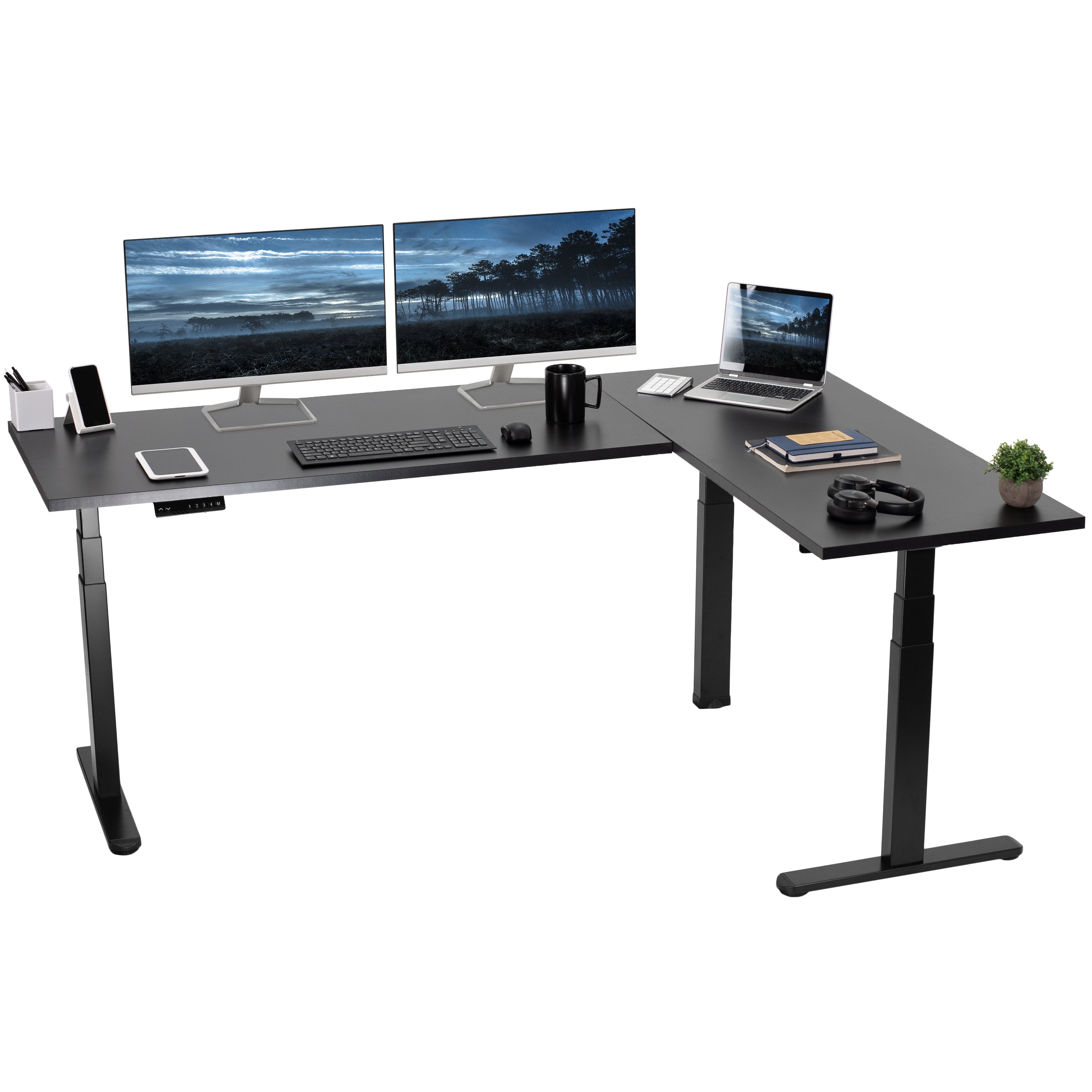 Large electric heavy-duty corner desk workstation for modern office workspaces.