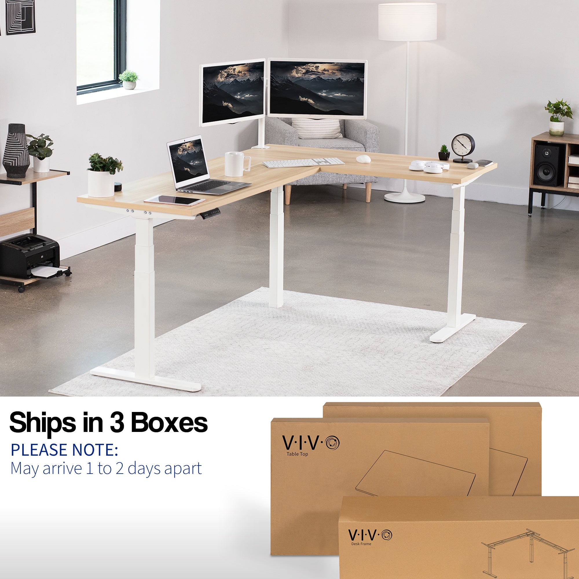 Large electric heavy-duty corner desk workstation for modern office workspaces. Desk parts ship in three separate boxes and may arrive on separate days.