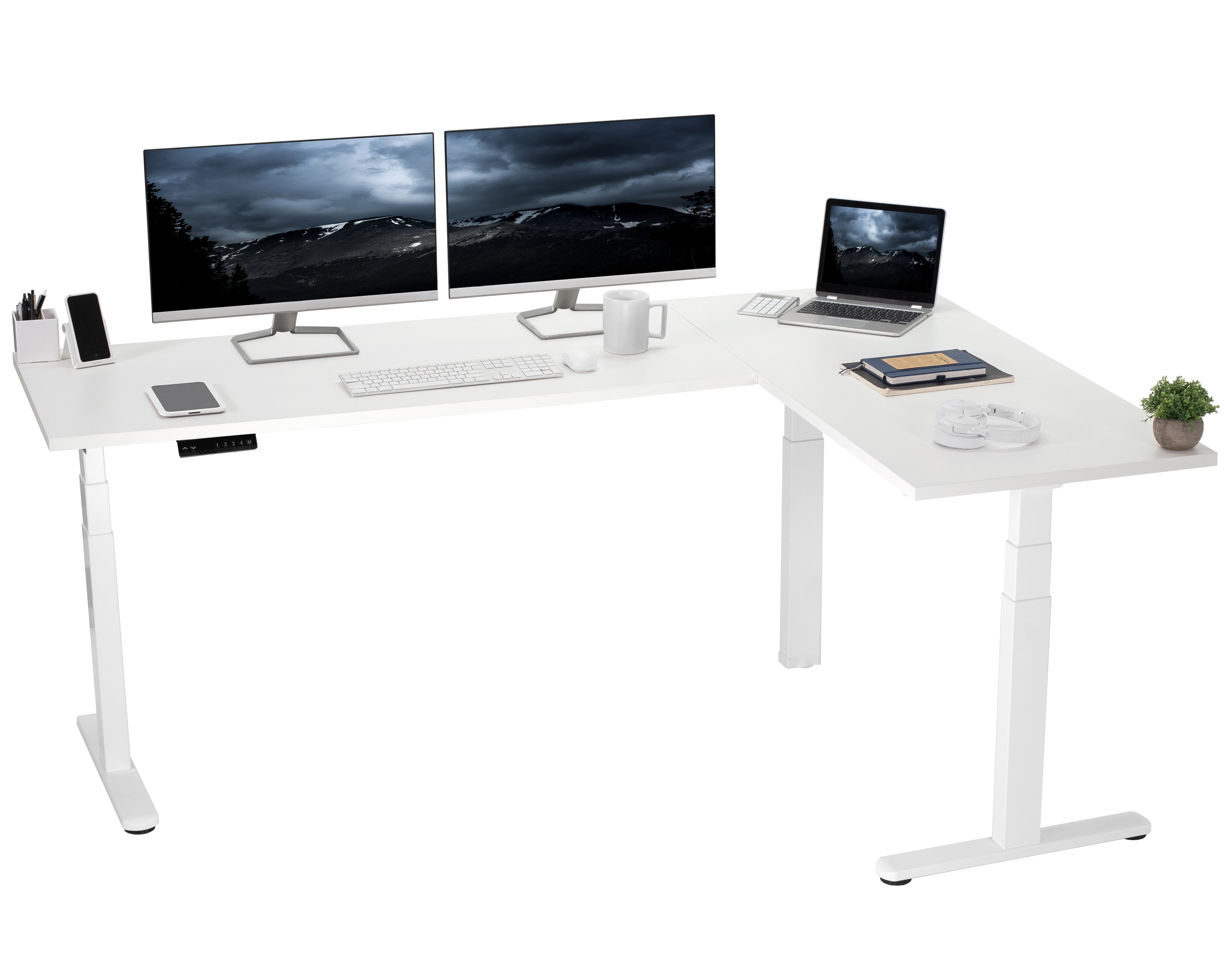 Large electric heavy-duty corner desk workstation for modern office workspaces.