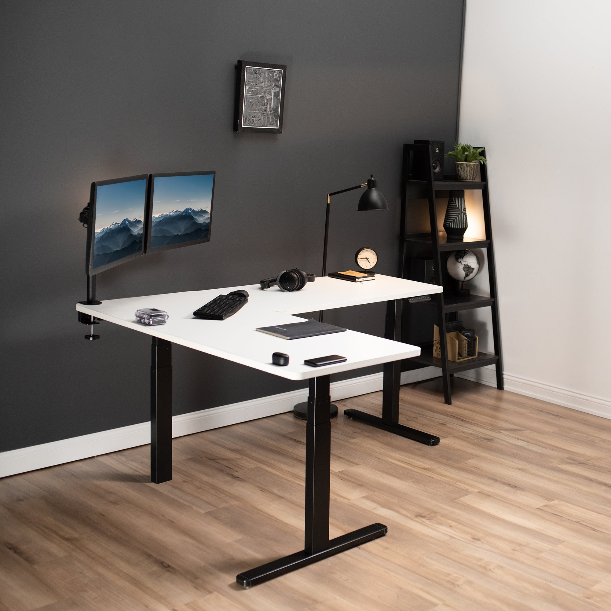 Sit or stand, 3 stage column heavy-duty L-shaped corner desk from VIVO.