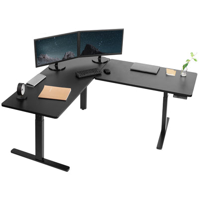 Sit or stand, two-panel heavy-duty L-shaped corner desk from VIVO. 
