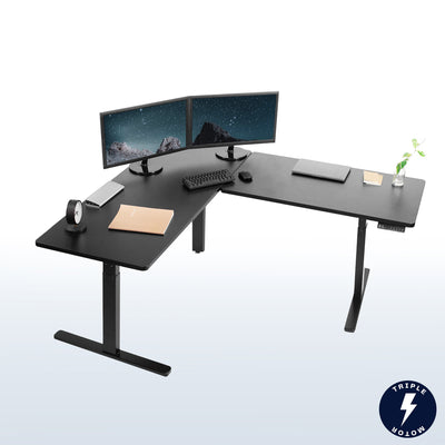 Sit or stand, 3 stage column heavy-duty L-shaped corner desk from VIVO.